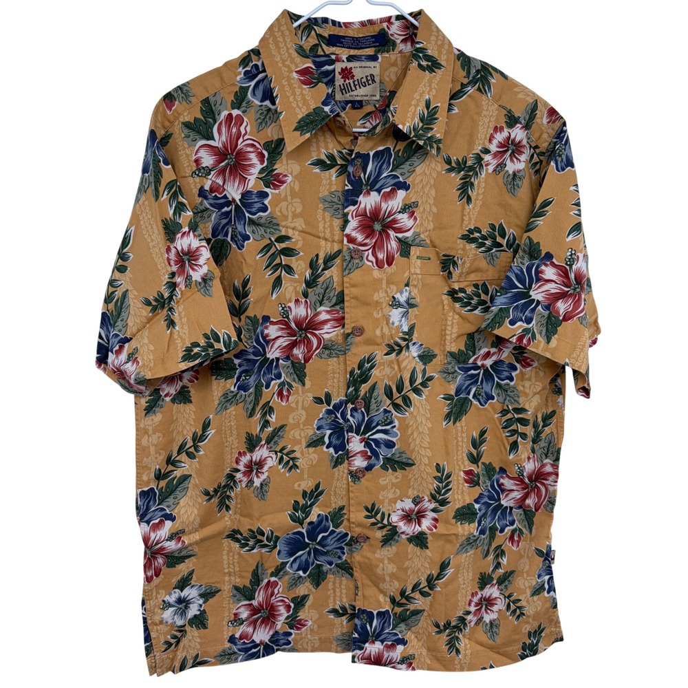 Vintage 90s Tommy Hilfiger Floral Short Sleeve Button Shirt Mens Hawaiian Gold‎